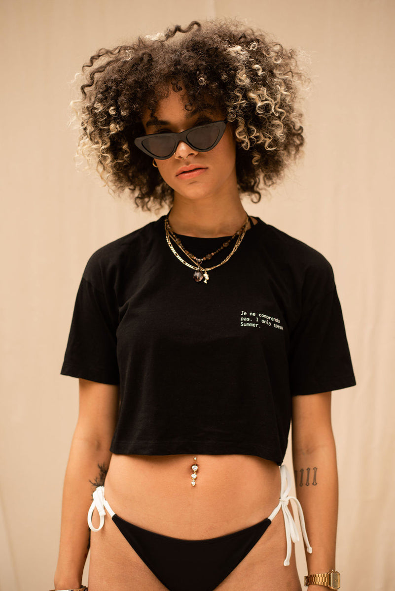 Cropped black organic t shirt with french slogan Summer – Children
